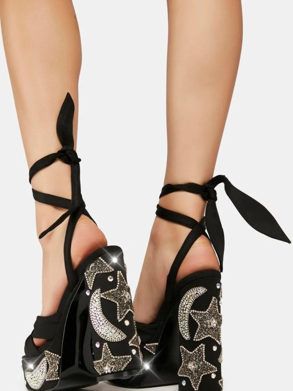 AZALEA WANG Storm Platform Sandals Lace-Up Heels with Crystal Moon Star Accents - Picture 2 of 9